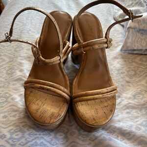 Women's Tan Cork Platform Sandals with Ankle Strap 9.5